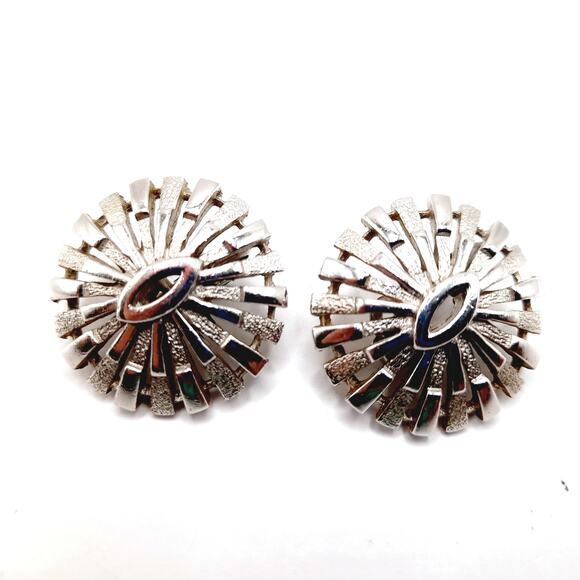 Vintage Crown Trifari Rhodium Plated Clip Earrings, Mid-Century Sunburst Jewelry - Picture 7 of 13